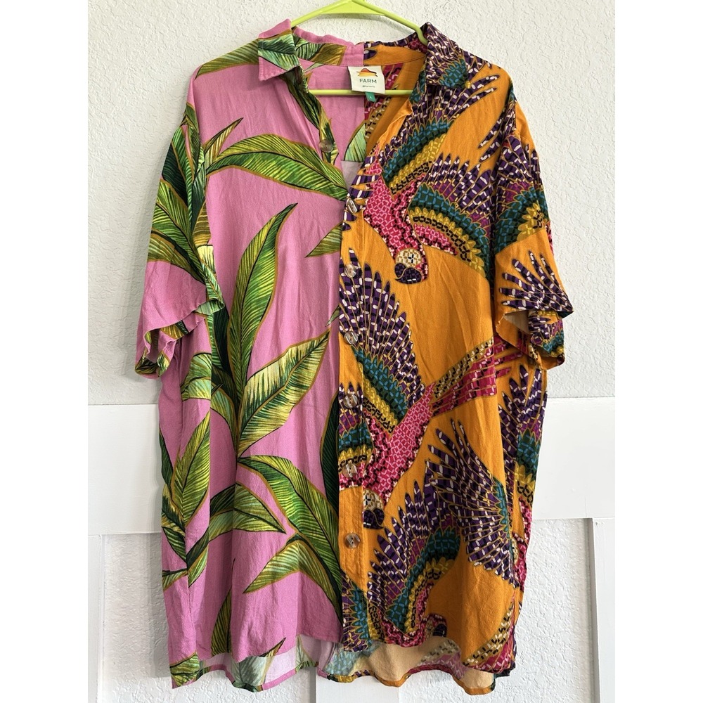 FARM Rio Unisex Mixed Macaws Pink Foliage Shirt L Oversized Button Up Hawaiian